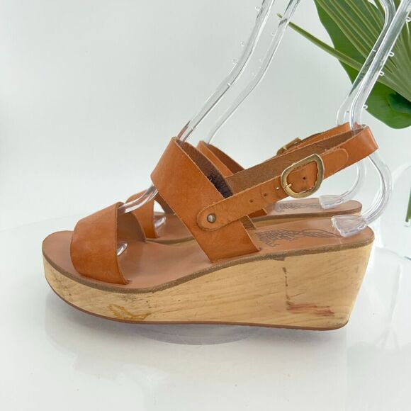 Ancient Greek Sandals Women's Sandal Size 37 7 Saddle Tan Leather Slingback Wood - Picture 6 of 16